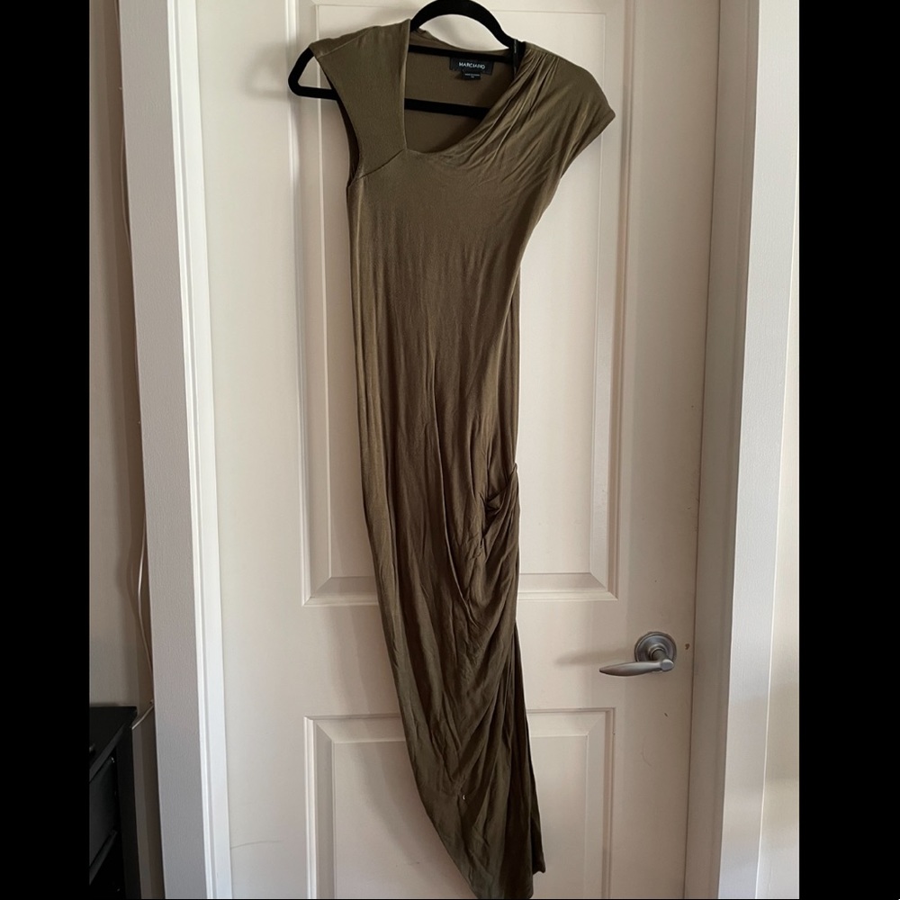 Olive green midi dress with side ruching